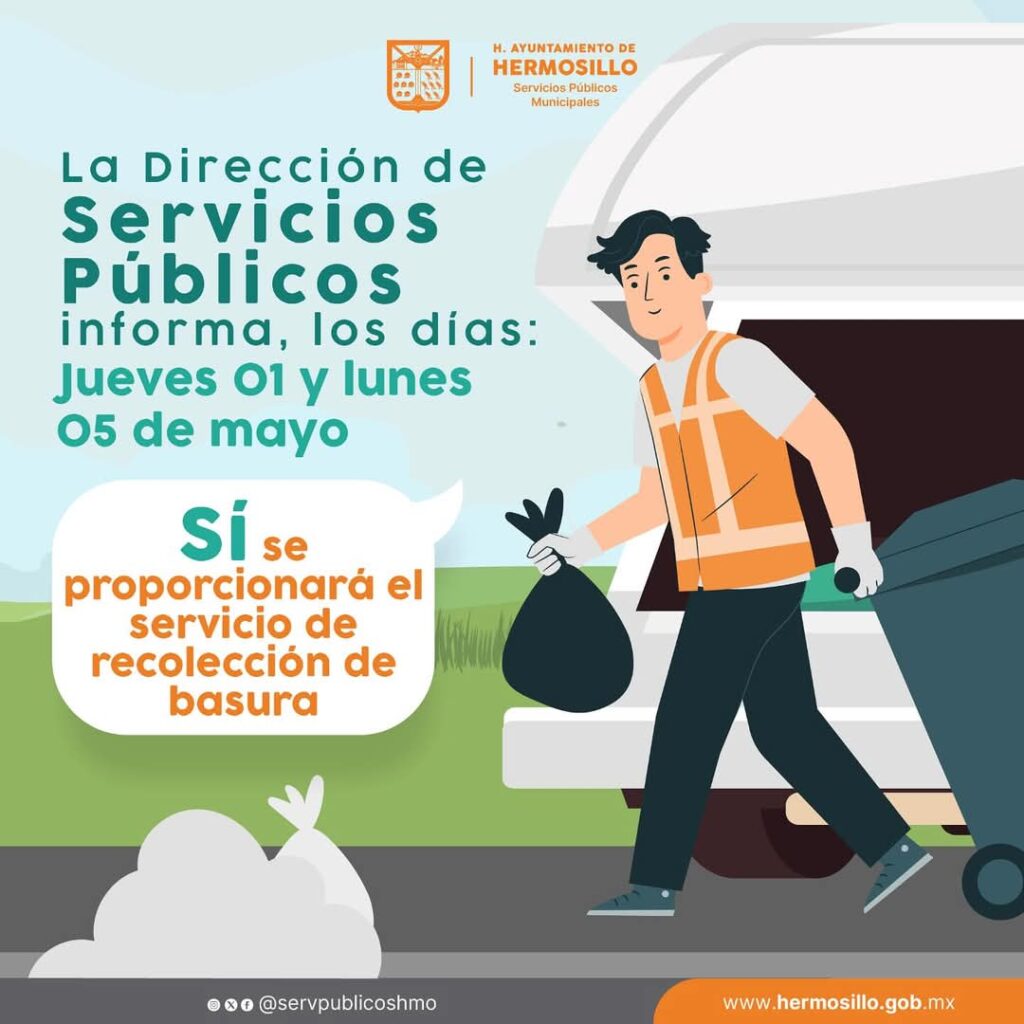 Se proporcionará servicio normal de recolección de basura este lunes 5 de mayo